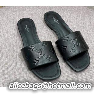 Classic Louis Vuitton Revival Flat Slide Sandals in Monogram Embossed Lambskin Black 032589