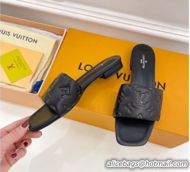 Classic Louis Vuitton Revival Flat Slide Sandals in Monogram Embossed Lambskin Black 032589