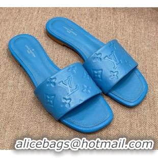 Leisure Louis Vuitton Revival Flat Slide Sandals in Monogram Embossed Lambskin Blue 032591