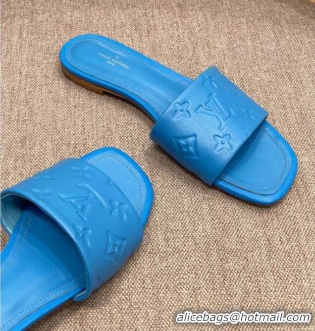 Leisure Louis Vuitton Revival Flat Slide Sandals in Monogram Embossed Lambskin Blue 032591