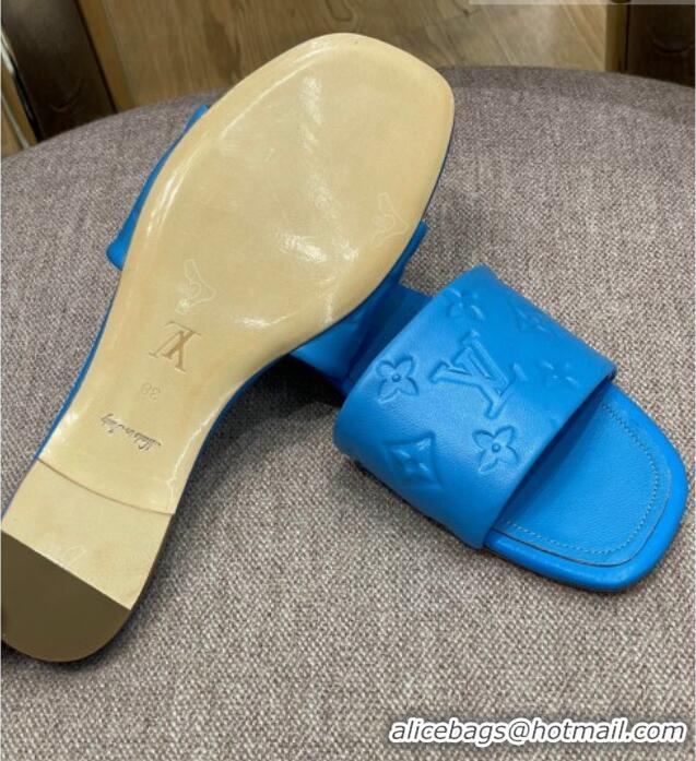 Leisure Louis Vuitton Revival Flat Slide Sandals in Monogram Embossed Lambskin Blue 032591