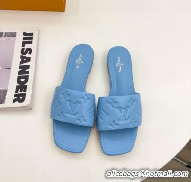 Best Grade Louis Vuitton Revival Flat Slide Sandals in Monogram Embossed Lambskin Blue 032595