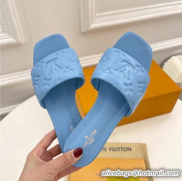 Best Grade Louis Vuitton Revival Flat Slide Sandals in Monogram Embossed Lambskin Blue 032595