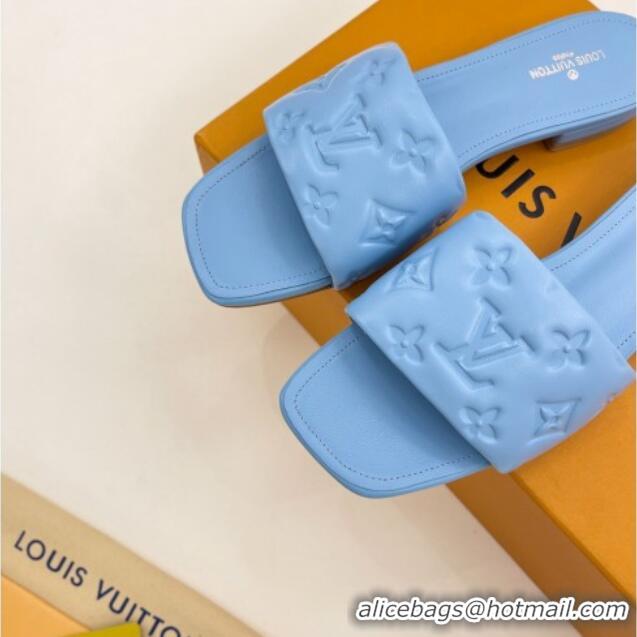 Best Grade Louis Vuitton Revival Flat Slide Sandals in Monogram Embossed Lambskin Blue 032595