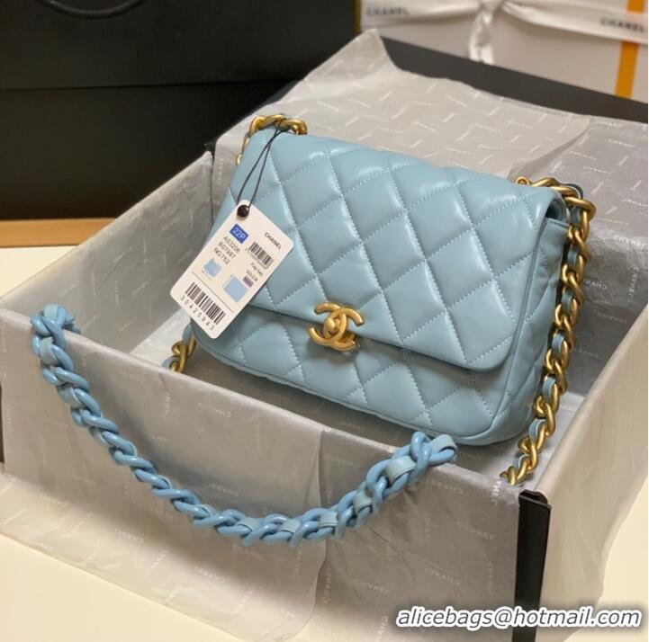 Fashion Discount Chanel small Shoulder Bag Lambskin&Gold-Tone Metal AS3206 sky blue