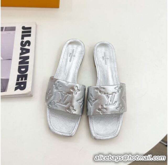 Classic Hot Louis Vuitton Revival Flat Slide Sandals in Monogram Embossed Lambskin Silver 032599