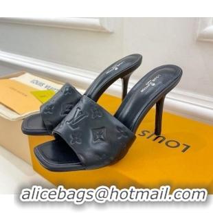 Sophisticated Louis Vuitton Revival High Heel Slide Sandals 9.5cm in Monogram Embossed Lambskin Black 0325100