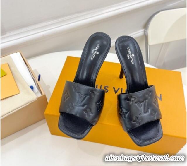 Sophisticated Louis Vuitton Revival High Heel Slide Sandals 9.5cm in Monogram Embossed Lambskin Black 0325100