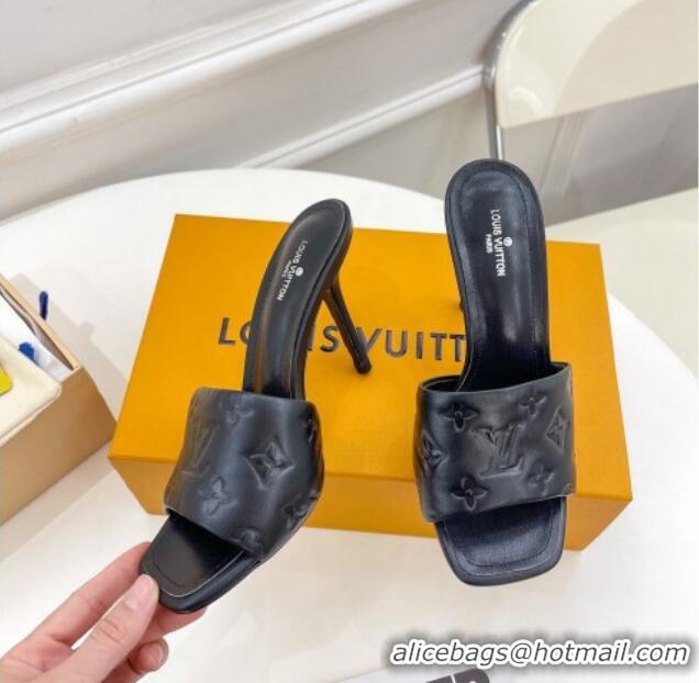 Sophisticated Louis Vuitton Revival High Heel Slide Sandals 9.5cm in Monogram Embossed Lambskin Black 0325100