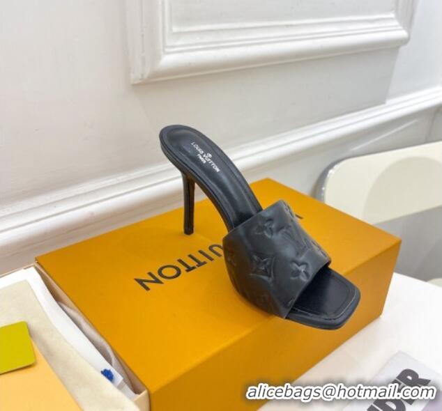 Sophisticated Louis Vuitton Revival High Heel Slide Sandals 9.5cm in Monogram Embossed Lambskin Black 0325100