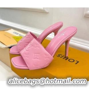 Duplicate Louis Vuitton Revival High Heel Slide Sandals 9.5cm in Monogram Embossed Lambskin Pink 0325102