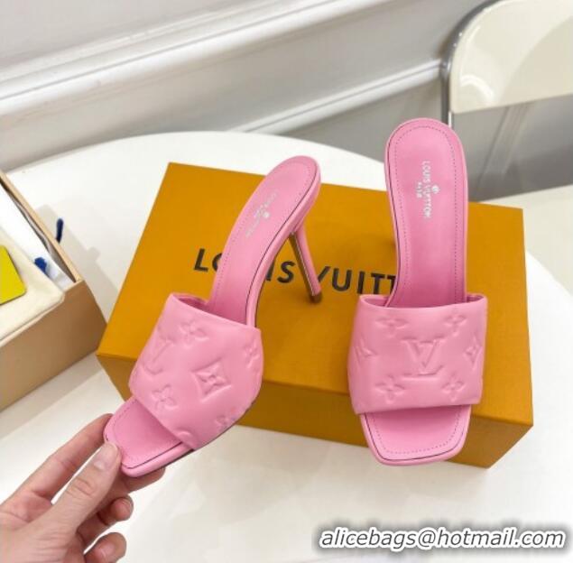 Duplicate Louis Vuitton Revival High Heel Slide Sandals 9.5cm in Monogram Embossed Lambskin Pink 0325102