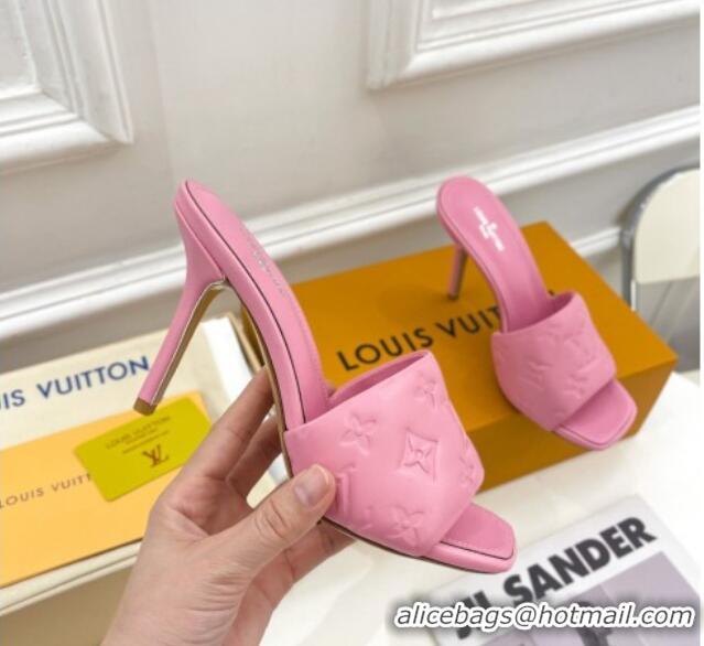 Duplicate Louis Vuitton Revival High Heel Slide Sandals 9.5cm in Monogram Embossed Lambskin Pink 0325102