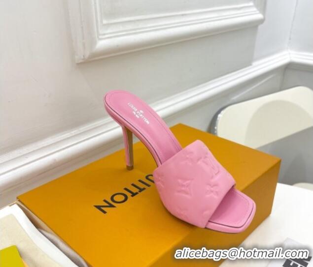 Duplicate Louis Vuitton Revival High Heel Slide Sandals 9.5cm in Monogram Embossed Lambskin Pink 0325102