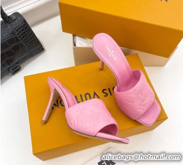 Duplicate Louis Vuitton Revival High Heel Slide Sandals 9.5cm in Monogram Embossed Lambskin Pink 0325102