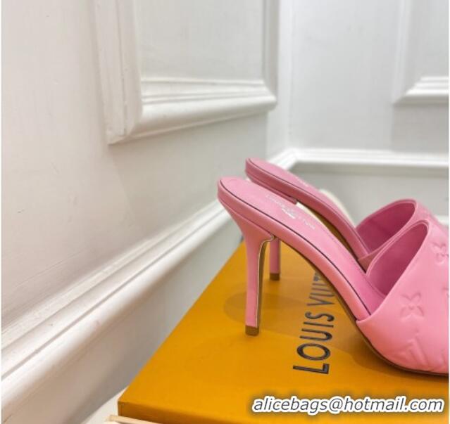 Duplicate Louis Vuitton Revival High Heel Slide Sandals 9.5cm in Monogram Embossed Lambskin Pink 0325102