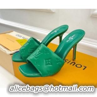 Stylish Louis Vuitton Revival High Heel Slide Sandals 9.5cm in Monogram Embossed Lambskin Green 0325103