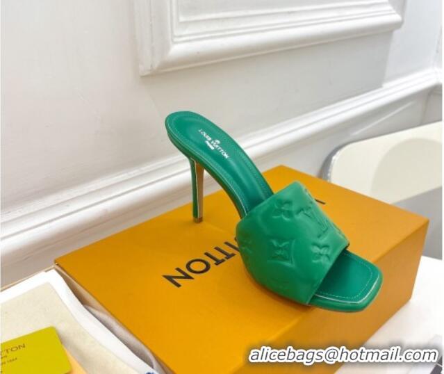 Stylish Louis Vuitton Revival High Heel Slide Sandals 9.5cm in Monogram Embossed Lambskin Green 0325103