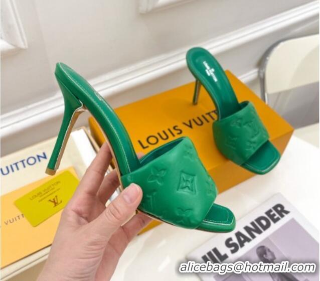 Stylish Louis Vuitton Revival High Heel Slide Sandals 9.5cm in Monogram Embossed Lambskin Green 0325103