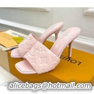 Perfect Louis Vuitton Revival High Heel Slide Sandals 9.5cm in Monogram Embossed Lambskin Pale Pink 0325105