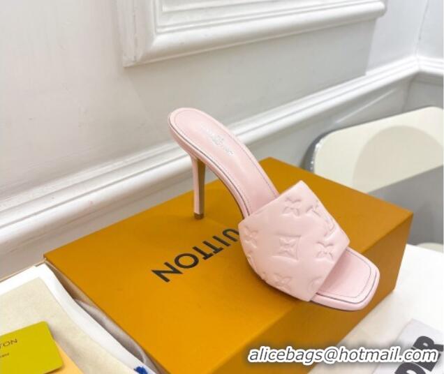 Perfect Louis Vuitton Revival High Heel Slide Sandals 9.5cm in Monogram Embossed Lambskin Pale Pink 0325105