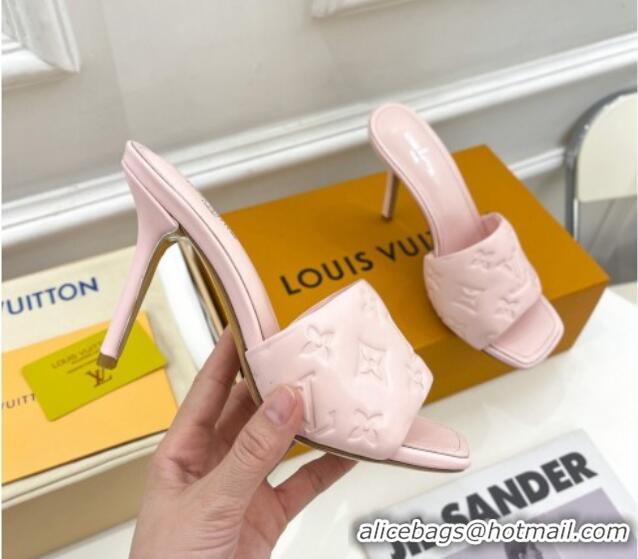 Perfect Louis Vuitton Revival High Heel Slide Sandals 9.5cm in Monogram Embossed Lambskin Pale Pink 0325105