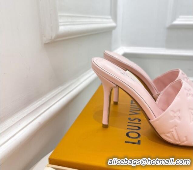 Perfect Louis Vuitton Revival High Heel Slide Sandals 9.5cm in Monogram Embossed Lambskin Pale Pink 0325105