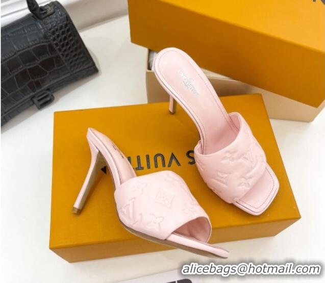 Perfect Louis Vuitton Revival High Heel Slide Sandals 9.5cm in Monogram Embossed Lambskin Pale Pink 0325105