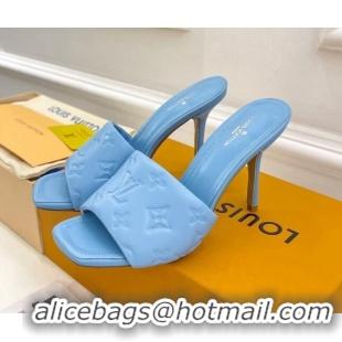 Best Grade Louis Vuitton Revival High Heel Slide Sandals 9.5cm in Monogram Embossed Lambskin Sky Blue 0325106