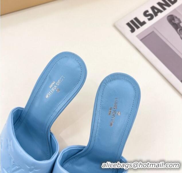 Best Grade Louis Vuitton Revival High Heel Slide Sandals 9.5cm in Monogram Embossed Lambskin Sky Blue 0325106