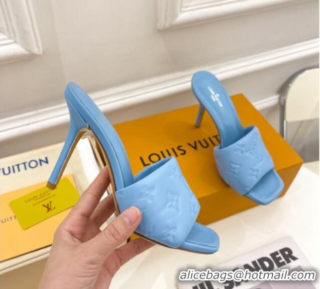 Best Grade Louis Vuitton Revival High Heel Slide Sandals 9.5cm in Monogram Embossed Lambskin Sky Blue 0325106