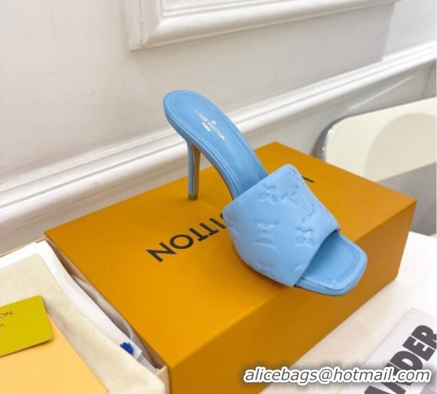 Best Grade Louis Vuitton Revival High Heel Slide Sandals 9.5cm in Monogram Embossed Lambskin Sky Blue 0325106