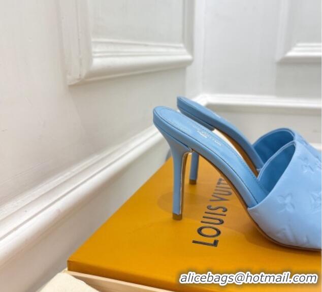 Best Grade Louis Vuitton Revival High Heel Slide Sandals 9.5cm in Monogram Embossed Lambskin Sky Blue 0325106