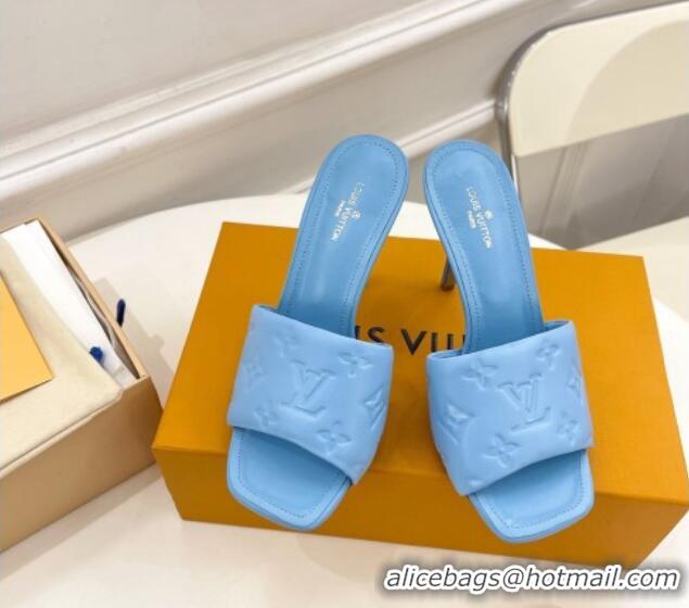 Best Grade Louis Vuitton Revival High Heel Slide Sandals 9.5cm in Monogram Embossed Lambskin Sky Blue 0325106