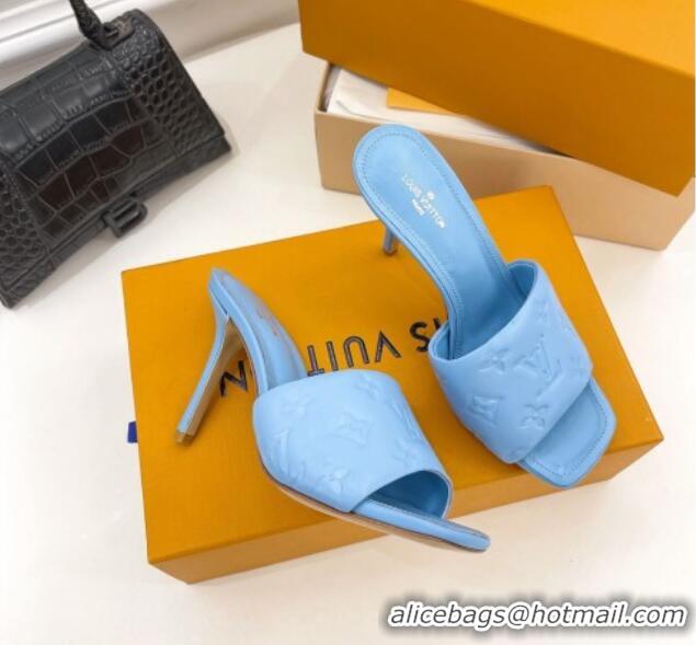 Best Grade Louis Vuitton Revival High Heel Slide Sandals 9.5cm in Monogram Embossed Lambskin Sky Blue 0325106