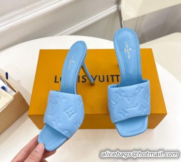 Best Grade Louis Vuitton Revival High Heel Slide Sandals 9.5cm in Monogram Embossed Lambskin Sky Blue 0325106