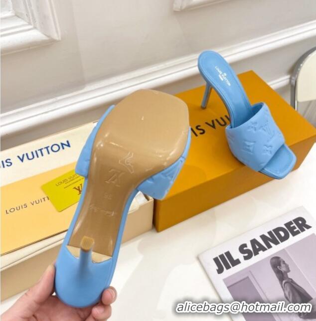 Best Grade Louis Vuitton Revival High Heel Slide Sandals 9.5cm in Monogram Embossed Lambskin Sky Blue 0325106