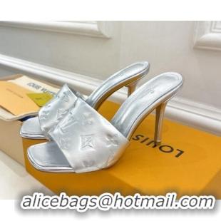 Grade Quality Louis Vuitton Revival High Heel Slide Sandals 9.5cm in Monogram Embossed Lambskin Silver 0325108