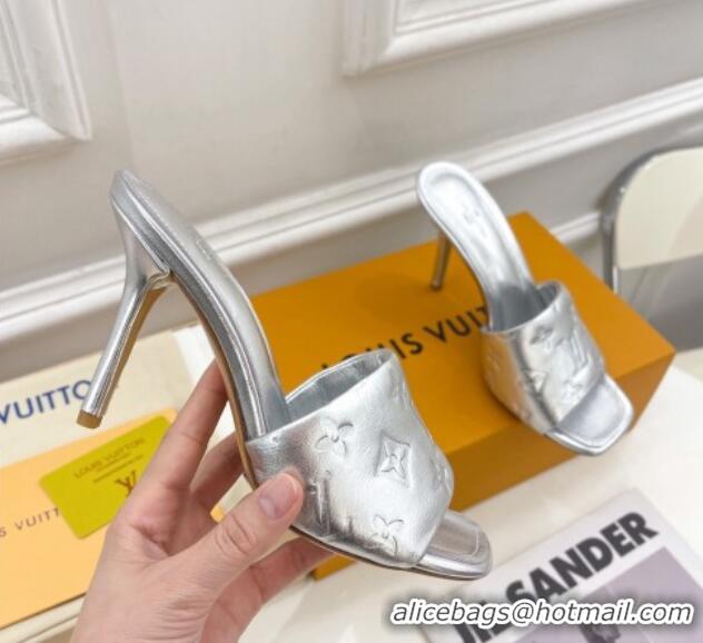 Grade Quality Louis Vuitton Revival High Heel Slide Sandals 9.5cm in Monogram Embossed Lambskin Silver 0325108