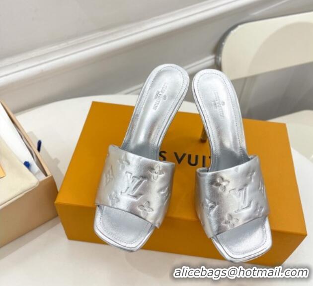 Grade Quality Louis Vuitton Revival High Heel Slide Sandals 9.5cm in Monogram Embossed Lambskin Silver 0325108