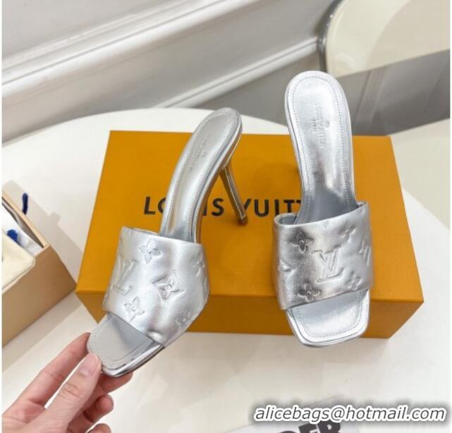 Grade Quality Louis Vuitton Revival High Heel Slide Sandals 9.5cm in Monogram Embossed Lambskin Silver 0325108