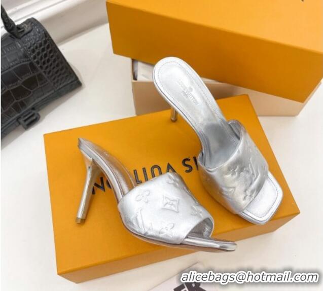 Grade Quality Louis Vuitton Revival High Heel Slide Sandals 9.5cm in Monogram Embossed Lambskin Silver 0325108