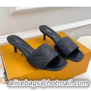 Unique Style Louis Vuitton Revival High Heel Slide Sandals 5.5cm in Monogram Embossed Lambskin Black 0325109