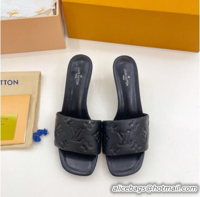 Unique Style Louis Vuitton Revival High Heel Slide Sandals 5.5cm in Monogram Embossed Lambskin Black 0325109