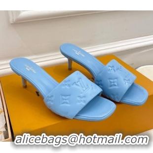 Luxury Louis Vuitton Revival High Heel Slide Sandals 5.5cm in Monogram Embossed Lambskin Sky Blue 0325114