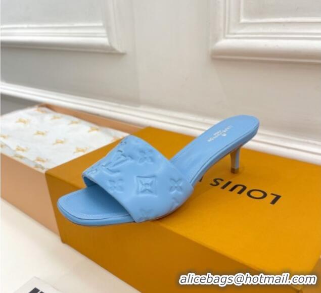 Luxury Louis Vuitton Revival High Heel Slide Sandals 5.5cm in Monogram Embossed Lambskin Sky Blue 0325114