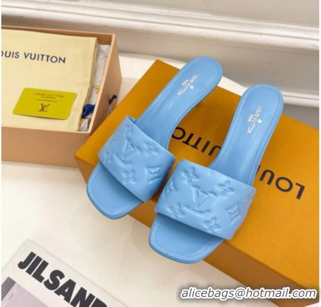 Luxury Louis Vuitton Revival High Heel Slide Sandals 5.5cm in Monogram Embossed Lambskin Sky Blue 0325114