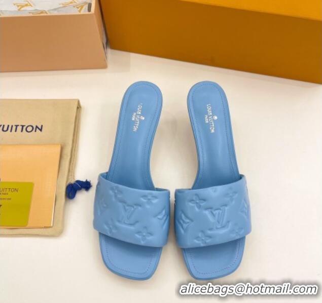 Luxury Louis Vuitton Revival High Heel Slide Sandals 5.5cm in Monogram Embossed Lambskin Sky Blue 0325114