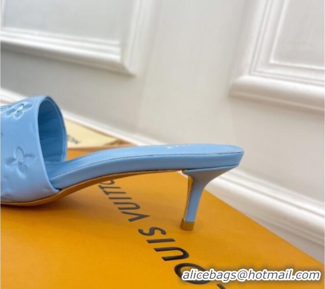 Luxury Louis Vuitton Revival High Heel Slide Sandals 5.5cm in Monogram Embossed Lambskin Sky Blue 0325114