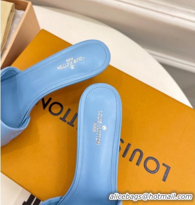 Luxury Louis Vuitton Revival High Heel Slide Sandals 5.5cm in Monogram Embossed Lambskin Sky Blue 0325114